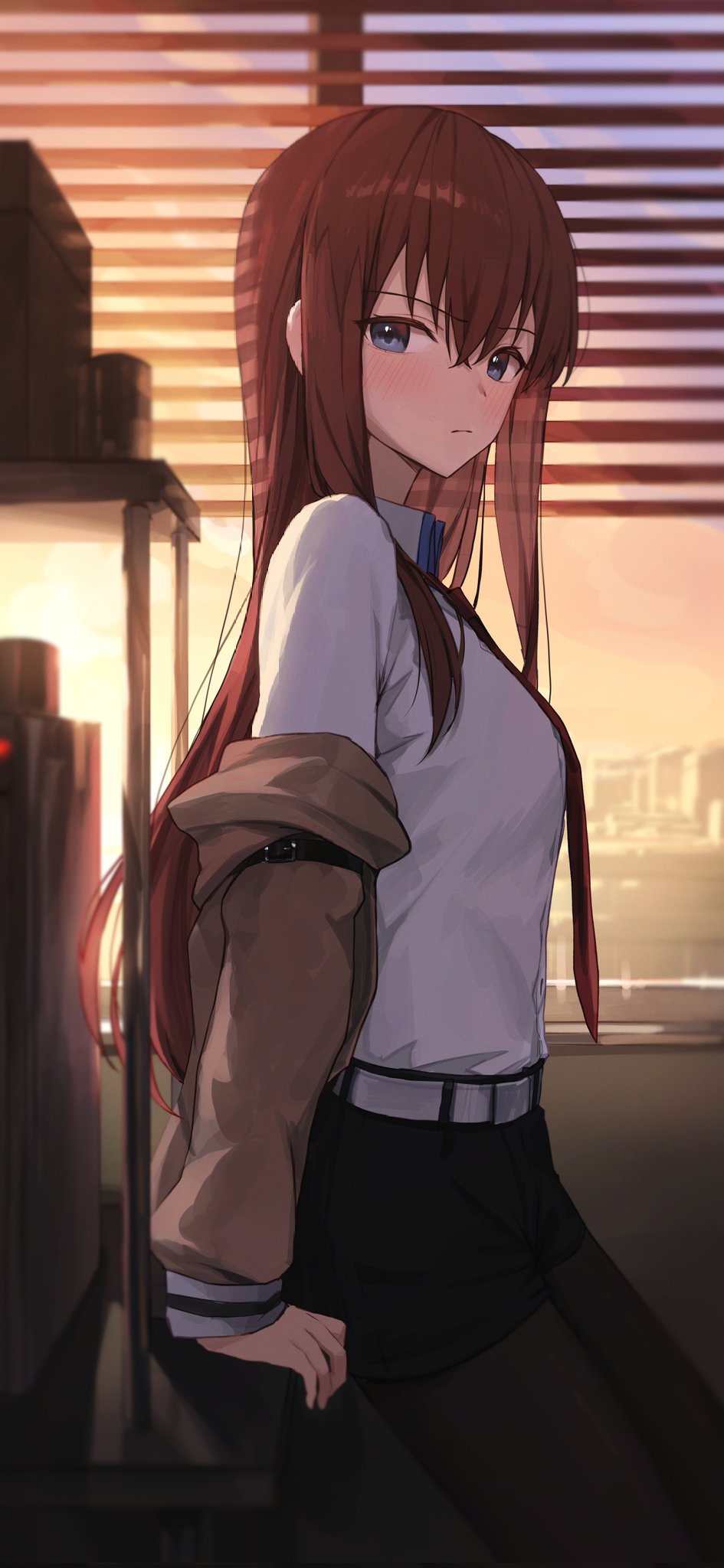 1girl arm_support arms_behind_back belt black_pantyhose black_shorts blue_eyes blush brown_jacket closed_mouth crossed_bangs from_side gnns hair_between_eyes highres indoors jacket light_frown long_hair long_sleeves looking_at_viewer makise_kurisu necktie off_shoulder open_clothes open_jacket orange_sky pantyhose pantyhose_under_shorts red_necktie redhead shirt shorts sky sleeve_garter solo steins;gate straight_hair swimsuit twilight white_belt white_shirt window