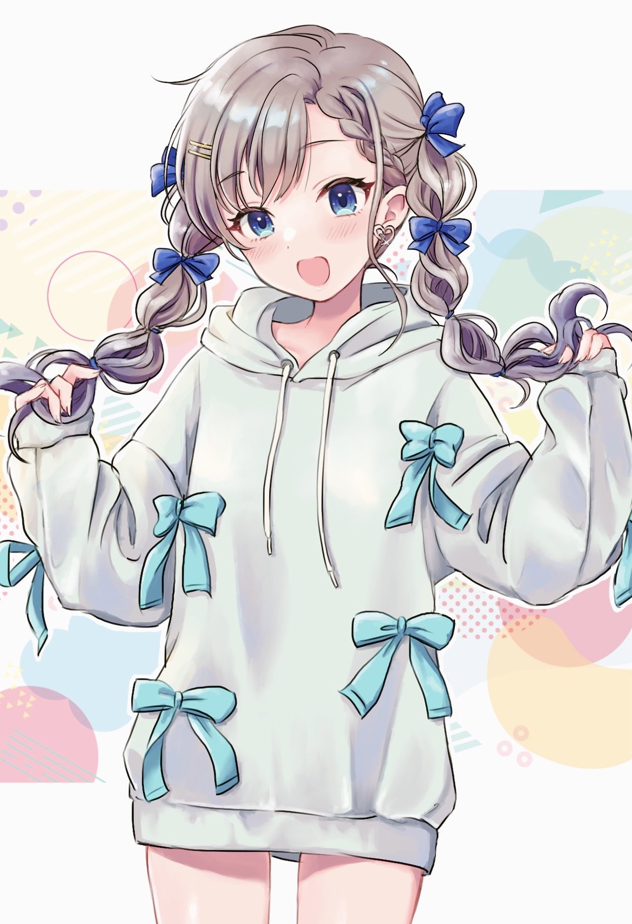 1girl blue_eyes blue_ribbon blush braid braided_bangs earrings grey_hair grey_hoodie hair_ornament hairclip heart heart_earrings highres hisakawa_hayate holding holding_hair hood hood_down hoodie horu_mon idolmaster idolmaster_cinderella_girls idolmaster_cinderella_girls_starlight_stage jewelry long_hair looking_at_viewer multicolored_background open_mouth ribbon simple_background smile solo standing