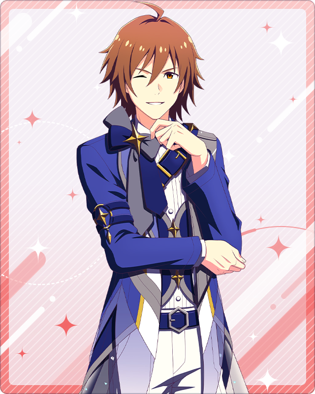 1boy ahoge amagase_touma belt brown_hair finger_to_own_chin fingernails hair_between_eyes idolmaster idolmaster_side-m idolmaster_side-m_growing_stars long_sleeves looking_at_viewer male_focus official_art one_eye_closed smile solo