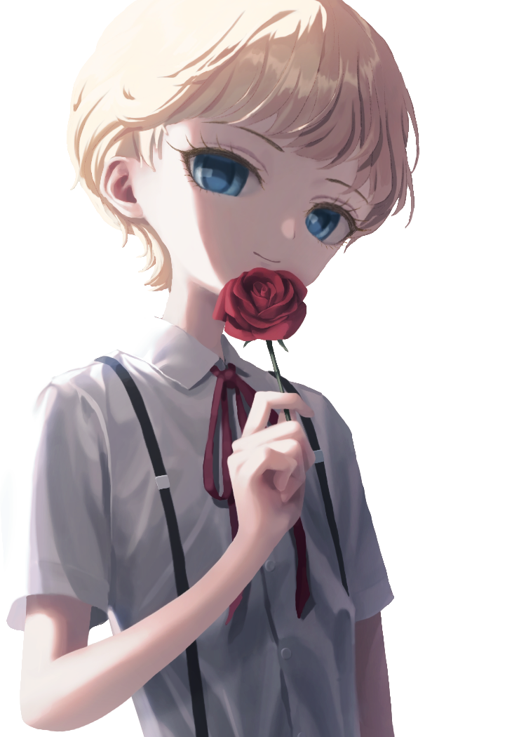 1boy blonde_hair blue_eyes flower holding holding_flower kiryu_miharu light_smile male_focus polye red_flower red_ribbon ribbon rose shirt short_hair short_sleeves simple_background solo suspenders upper_body white_background white_shirt witch_watch