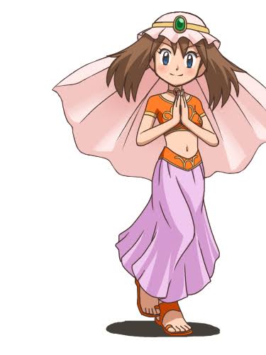 :d alternate_costume arabian_clothes blue_eyes brown_hair lowres may_(pokemon) non-web_source official_alternate_costume pokemon pokemon_(anime) pokemon_dppt_(anime) smile tagme white_background