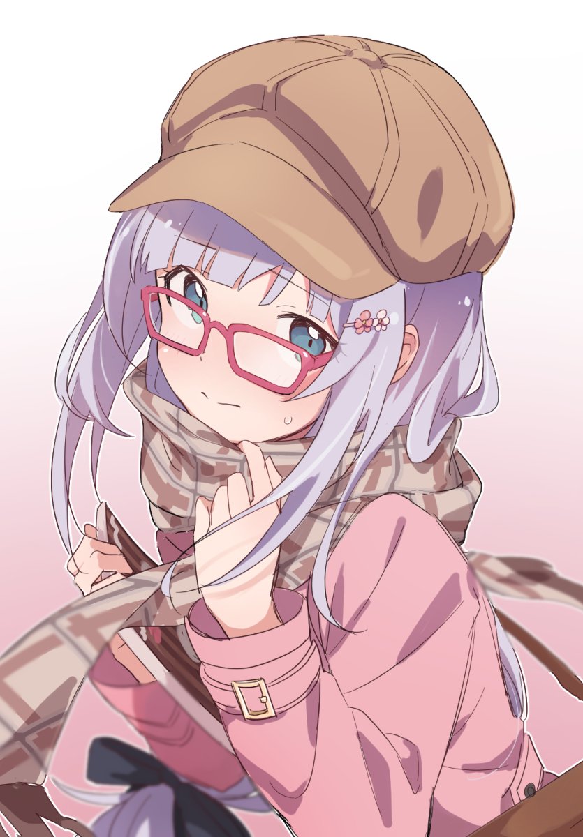 1girl bag blue_eyes blue_hair blush book brown_headwear brown_scarf cabbie_hat closed_mouth glasses gradient_background hair_ornament hairclip hat highres holding holding_book idolmaster idolmaster_million_live! idolmaster_million_live!_theater_days jacket knokzm long_hair long_sleeves looking_at_viewer pink_jacket plaid plaid_scarf scarf shiraishi_tsumugi shoulder_bag simple_background solo sweatdrop very_long_hair