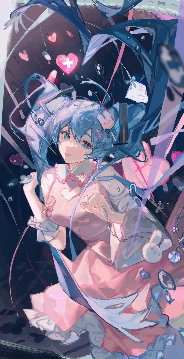 1girl blue_eyes blue_hair bubble collar collared_dress dress frilled_collar frilled_dress frills grin hair_ornament hairclip hatsune_miku heart highres long_hair looking_at_viewer mistedsky open_mouth pill pink_dress smile solo underwater vocaloid