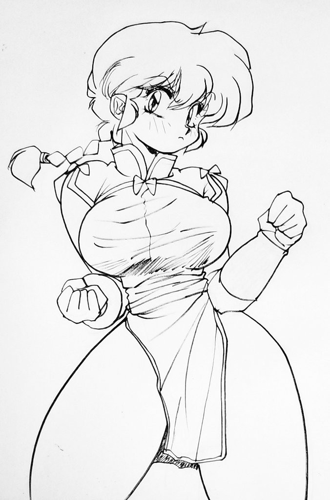 1girl breasts chinese_clothes clenched_hands greyscale looking_at_viewer monochrome ponytail ranma-chan ranma_1/2 short_hair sunshinek