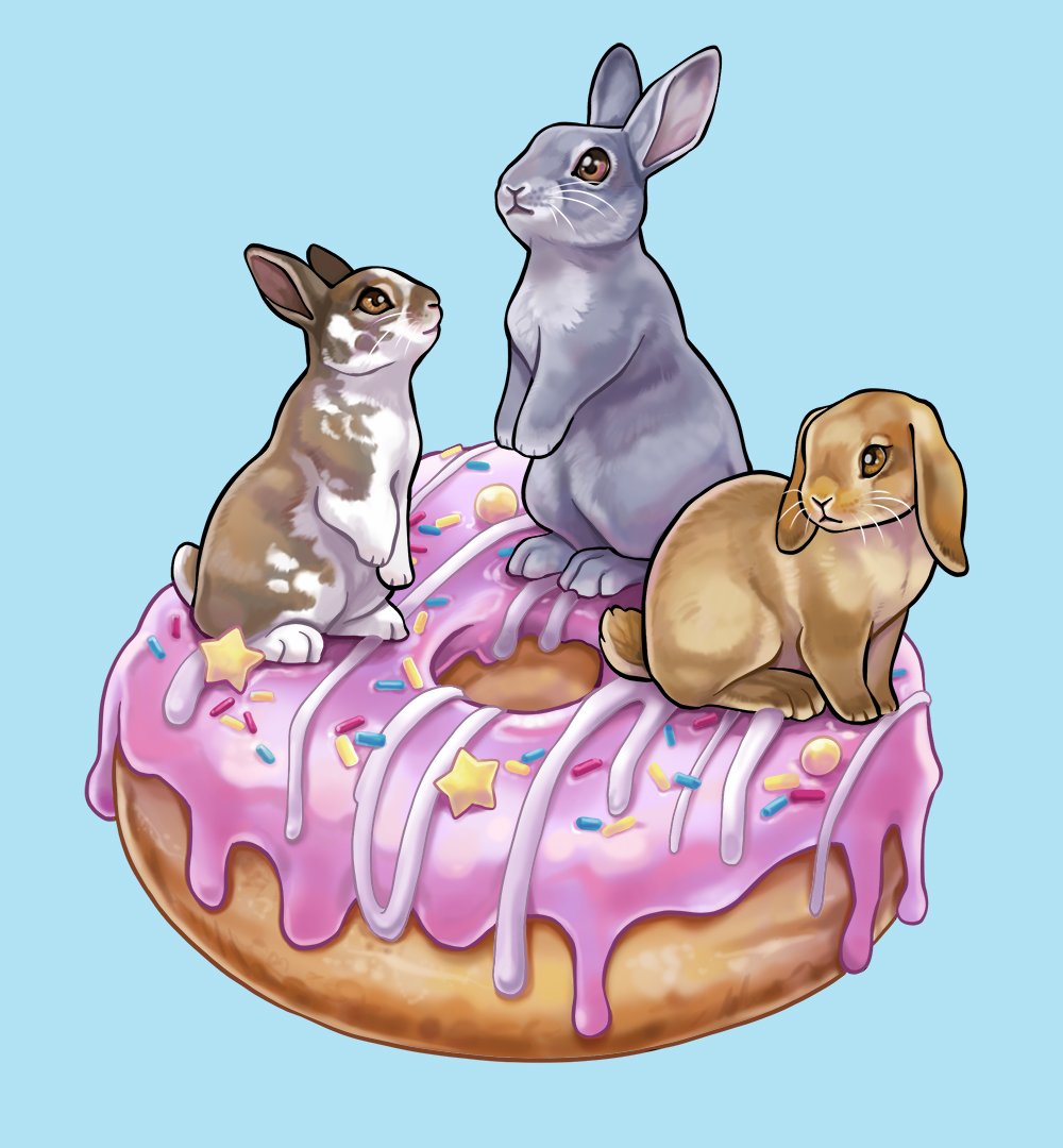 animal doughnut food icing light_blue_background no_humans original pink_doughnut rabbit simple_background star_(symbol) sushiartstudio