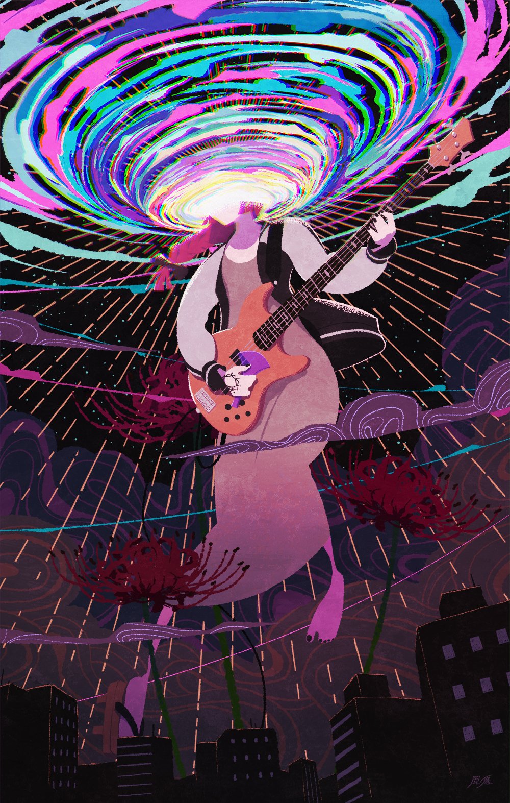 1girl abstract barefoot bass_guitar black_nails bocchi_the_rock! bow braid chromatic_aberration cityscape clouds cloudy_sky cropped_head dress floating flower green_dress hair_bow hair_over_shoulder highres hiroi_kikuri holding holding_instrument holding_plectrum instrument jacket long_dress long_hair long_sleeves music nail_polish namiki_kazama open_clothes open_jacket playing_instrument plectrum purple_hair single_braid sky solo spider_lily toenail_polish toenails