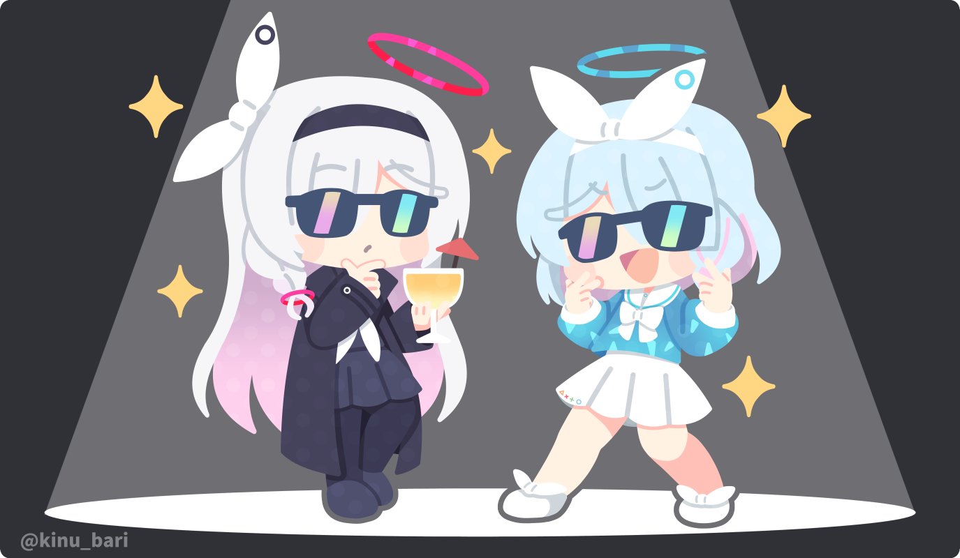 2girls :d a.r.o.n.a_(blue_archive) arona_(blue_archive) artist_name black_coat black_footwear black_hairband black_pantyhose black_serafuku black_skirt blue_archive blue_hair blue_halo blue_serafuku braid chibi closed_mouth coat cocktail_umbrella colored_inner_hair commentary cup double_inward_v double_v drinking_glass footwear_ribbon full_body grey_background hair_ribbon hairband halo hand_on_own_chin inward_v kinubari_nerune long_hair long_sleeves multicolored_hair multiple_girls neckerchief open_clothes open_coat open_mouth pantyhose pink_hair pink_halo pleated_skirt ribbon sailor_collar school_uniform serafuku short_hair single_braid skirt smile sparkle spotlight standing sunglasses tinted_eyewear two-tone_hair v very_long_hair white_footwear white_hair white_hairband white_neckerchief white_sailor_collar white_skirt wide_sleeves wine_glass