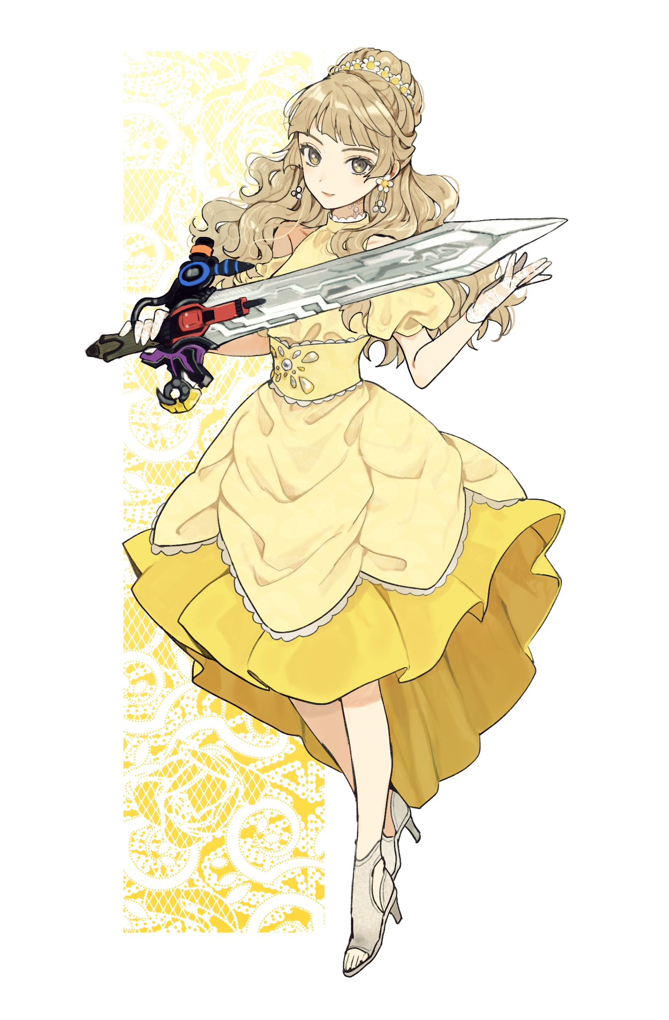 blonde_hair clothing_cutout commentary dress earrings full_body gloves highres himeno_ran holding holding_sword holding_weapon jewelry kurodeko ohsama_sentai_king-ohger shoulder_cutout smile super_sentai sword weapon white_footwear white_gloves yellow_dress yellow_eyes