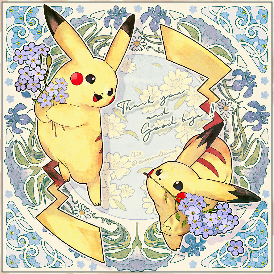 :3 art_nouveau artist_name black_eyes closed_mouth commentary_request floral_background flower flower_in_mouth forget-me-not_(flower) full_body holding holding_flower looking_at_another no_humans open_mouth pikachu pokemon purple_flower rio_(ewanandlianne) white_flower