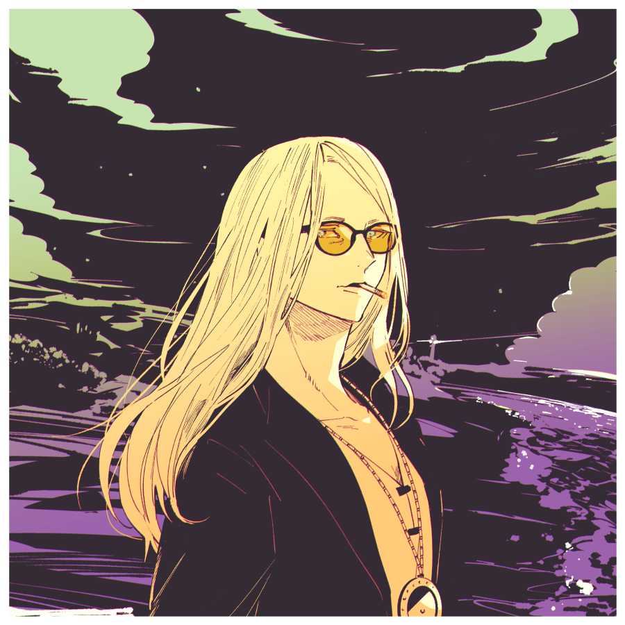 1boy beach black_background black_jacket blonde_hair cigarette clouds fate/grand_order fate_(series) jacket jewelry long_hair looking_at_viewer male_focus medallion necklace nobicco open_clothes open_jacket orange-tinted_eyewear shirt smoking solo sunglasses tezcatlipoca_(fate) tinted_eyewear white_shirt