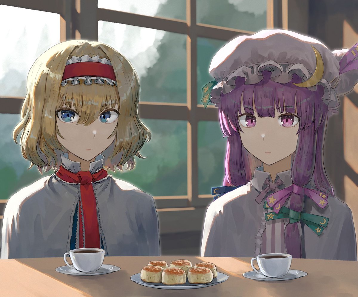 2girls alice_margatroid ascot biscuit_(bread) blonde_hair blue_dress blue_eyes blunt_bangs bow bun_cover capelet coffee crescent crescent_hair_ornament cup double_bun dress frilled_ascot frilled_dress frilled_hairband frills hair_bow hair_bun hair_ornament hairband harapan-kun hat indoors long_hair long_sleeves medium_hair mob_cap multiple_girls neck_ribbon patchouli_knowledge plate purple_dress purple_hair purple_headwear purple_ribbon red_ascot red_hairband ribbon sitting striped striped_dress touhou vertical-striped_dress vertical_stripes very_long_hair violet_eyes white_capelet window