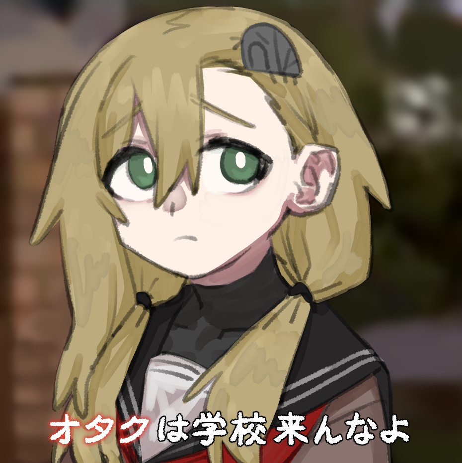 1girl alternate_hairstyle asymmetrical_bangs black_sailor_collar black_undershirt blonde_hair blurry blurry_background bright_pupils brown_shirt closed_mouth derivative_work frown green_eyes hair_over_shoulder insect_hair_ornament long_hair looking_to_the_side low_twintails matangom matangomu-chan neckerchief original outdoors parody pillbug portrait raised_eyebrows red_neckerchief sailor_collar school_uniform serafuku shirt sideways_glance solo turtleneck twintails upturned_eyes white_pupils