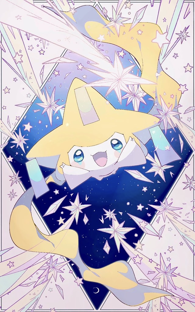 :3 :d blue_eyes commentary diamond_(shape) hands_up jirachi looking_at_viewer no_humans open_mouth pokemon pokemon_(creature) remon_(920moomin) sky smile solo star_(sky) star_(symbol) starry_background starry_sky