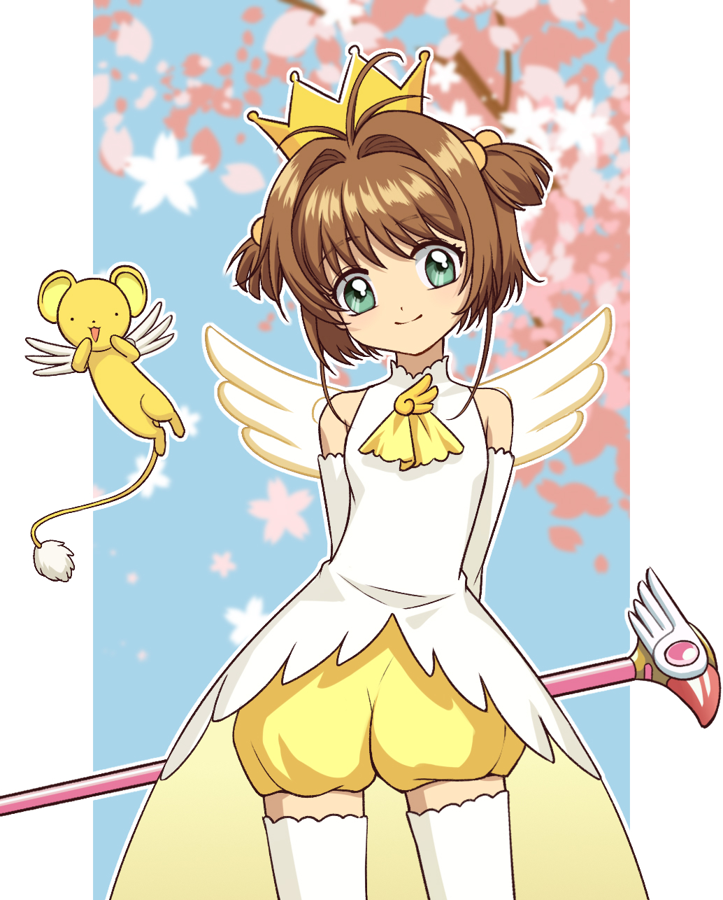 ._. 1girl :d bare_shoulders bow branch brown_hair cardcaptor_sakura closed_mouth crown dress elbow_gloves flower gloves green_eyes hair_bow hair_intakes highres kero kinomoto_sakura looking_at_viewer pink_flower puffy_shorts que_meng_meng short_shorts shorts sleeveless sleeveless_dress smile staff standing thigh-highs two_side_up white_dress white_gloves white_thighhighs winged_animal yellow_shorts