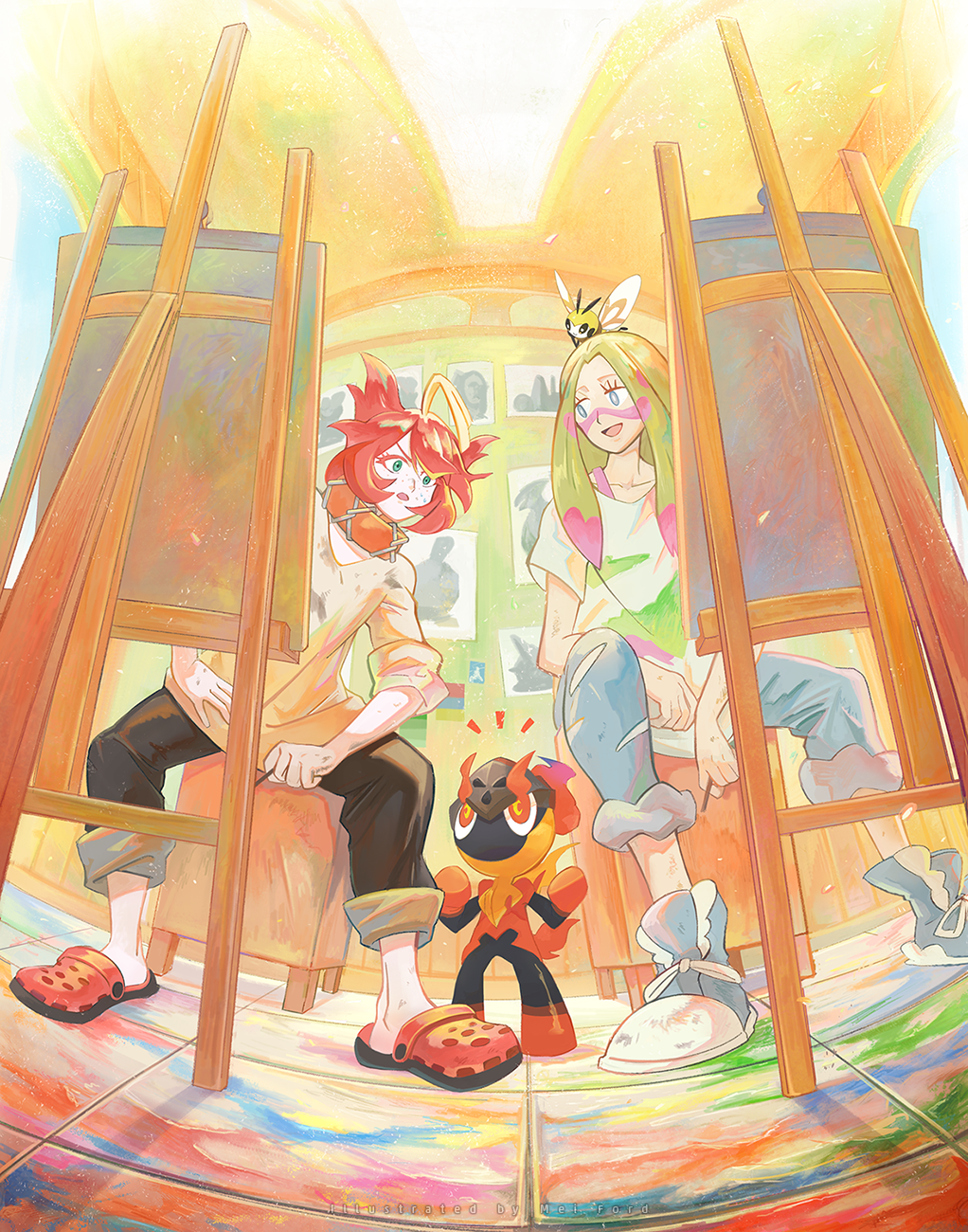 2girls :d blonde_hair canvas_(object) ceiling charcadet collar colored_eyelashes commentary_request eyelashes facepaint freckles from_below green_eyes highres holding indoors mei_ford mela_(pokemon) mina_(pokemon) multicolored_hair multiple_girls on_head open_mouth orange_collar painting_(object) pants pink_hair pokemon pokemon_(creature) pokemon_(game) pokemon_on_head pokemon_sm pokemon_sv redhead ribombee shirt short_sleeves smile tile_floor tiles two-tone_hair