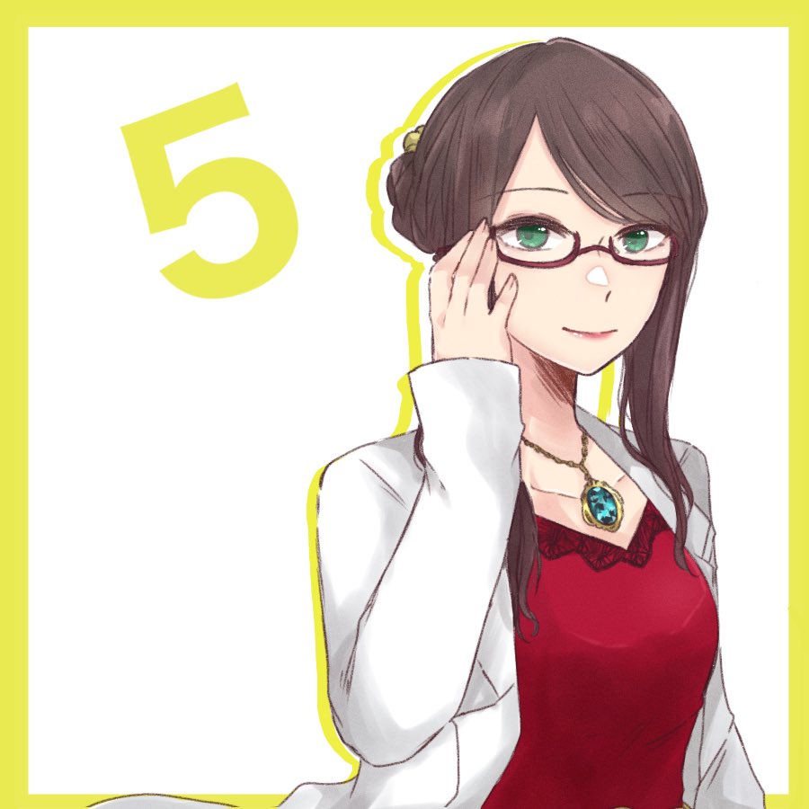 1girl adjusting_eyewear animification arm_at_side border breasts brown_hair closed_mouth collar_x_malice collarbone commentary cosplay countdown green_eyes hair_bun hand_up ishii_haruna jewelry labcoat light_smile long_hair long_sleeves looking_at_viewer medium_breasts mukai_eriko mukai_eriko_(cosplay) necklace nigari_(ngari_0115) outside_border pendant real_life red-framed_eyewear red_shirt semi-rimless_eyewear shirt sidelocks simple_background single_hair_bun sleeves_past_wrists solo swept_bangs under-rim_eyewear upper_body voice_actor voice_actor_connection white_background yellow_border