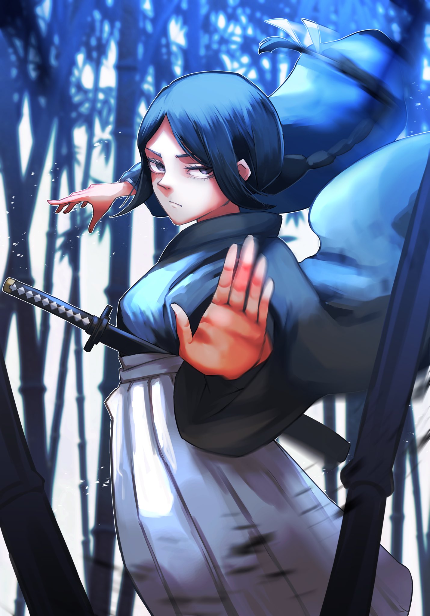 1girl bamboo bamboo_forest black_clover black_hair black_kimono blurry blurry_background braid closed_mouth forest grey_hakama hakama highres ikecchi_(hayato_moon) japanese_clothes katana kimono long_sleeves looking_at_viewer nature outstretched_hand parted_bangs sidelocks single_braid solo sword weapon wide_sleeves yami_ichika