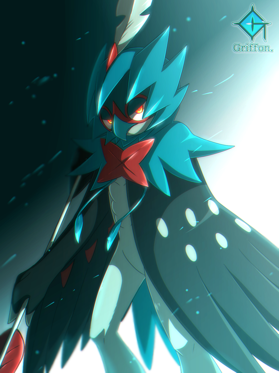 alternate_color artist_name bird closed_mouth commentary_request decidueye glowing glowing_eyes gurifon highres looking_at_viewer no_humans pokemon pokemon_(creature) shiny_pokemon solo standing