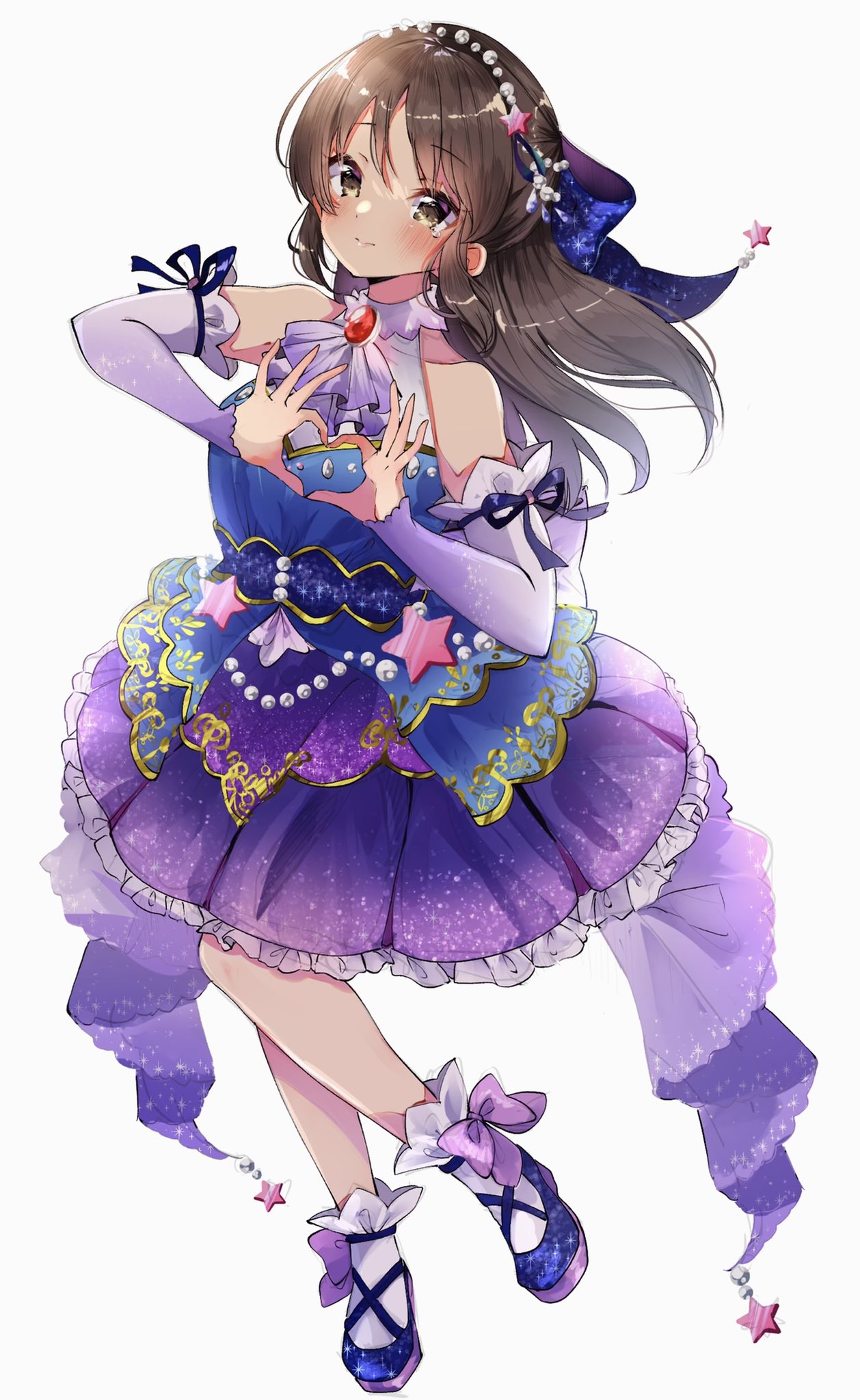 1girl ankle_socks bare_shoulders blue_bow blue_ribbon blush bow brooch brown_eyes brown_hair closed_mouth detached_sleeves dress gem hair_bow heart heart_hands highres idolmaster idolmaster_cinderella_girls idolmaster_cinderella_girls_starlight_stage idolmaster_cinderella_girls_u149 jewelry long_hair looking_at_viewer mary_janes multicolored_clothes multicolored_dress pearl_(gemstone) purple_ribbon purple_sleeves ribbon shoes simple_background smile socks solo standing standing_on_one_leg star_(symbol) tachibana_arisu tears white_background white_socks yuanagae
