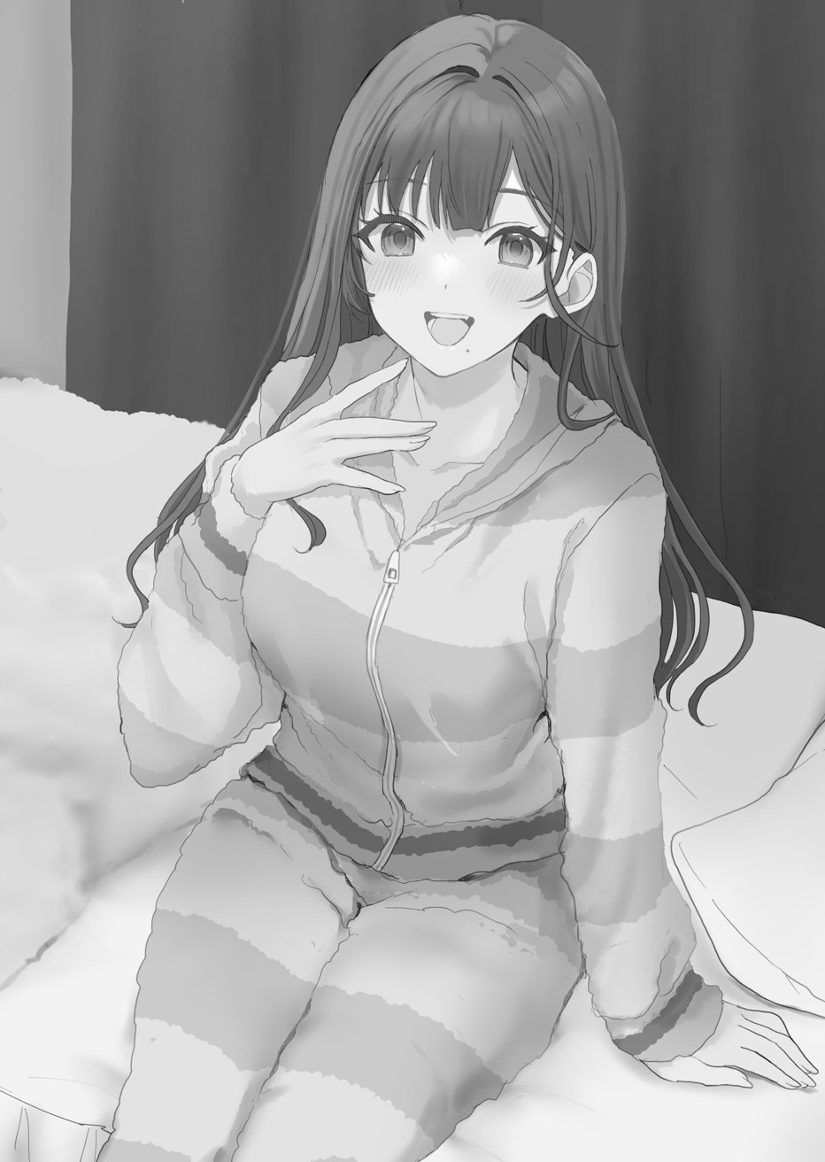 1girl :d bed_sheet breasts collarbone commentary_request curtains hamu_(plot_sy) hand_up highres hood hood_down hooded_jacket jacket long_hair long_sleeves looking_at_viewer loungewear medium_breasts mole mole_under_mouth original pants pillow sitting smile solo striped striped_jacket striped_pants very_long_hair