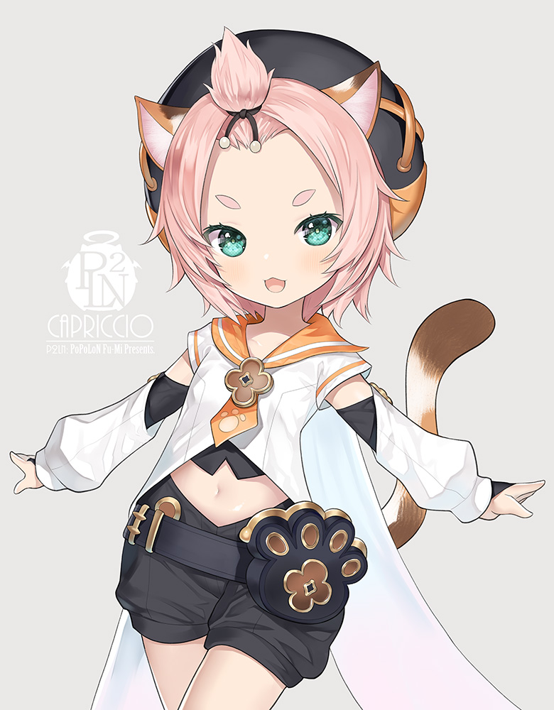 1girl :d animal_ears beret black_headwear black_shorts blue_eyes bridal_gauntlets capriccio cat_ears cat_girl cat_tail commentary_request diona_(genshin_impact) forehead genshin_impact grey_background hat long_sleeves looking_at_viewer pink_hair puffy_long_sleeves puffy_shorts puffy_sleeves shirt short_eyebrows short_shorts shorts simple_background smile solo tail thick_eyebrows v-shaped_eyebrows white_shirt