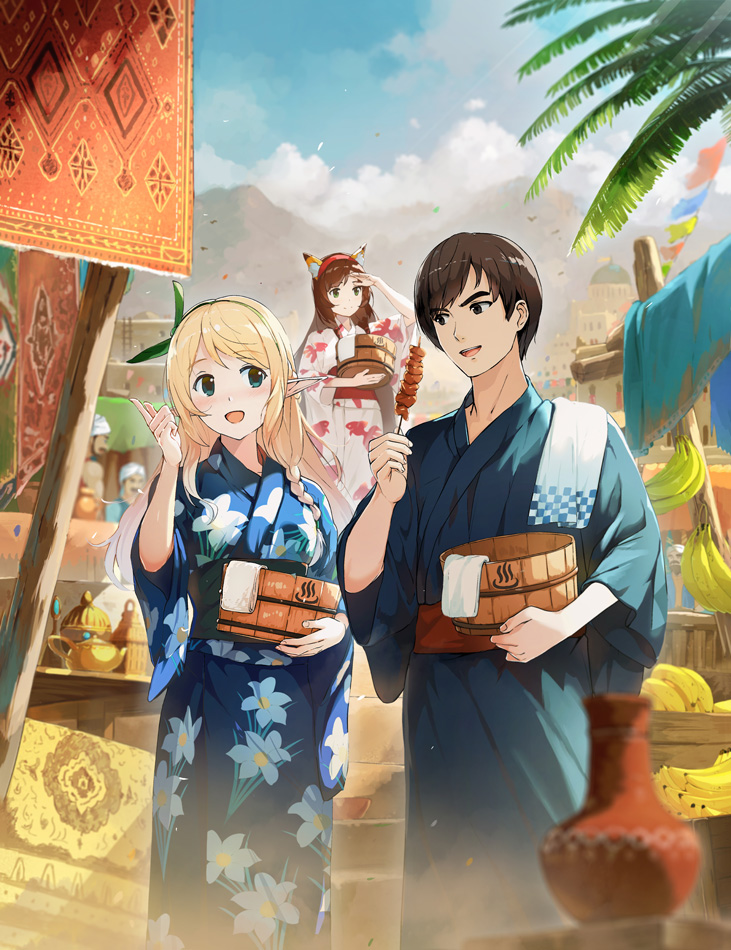 2girls 3boys animal_ears banana blonde_hair blue_eyes blurry blush braid brown_eyes brown_hair bucket building city clouds depth_of_field elf floral_print food fox_ears fruit hairband hand_up holding holding_food japanese_clothes kimono long_hair looking_at_another looking_to_the_side market market_stall meitou_isekai_no_yu_kaitakuki mountain mountainous_horizon multiple_boys multiple_girls onsen_symbol open_mouth outdoors pointy_ears scenery short_hair side_braid sky talking towel tree turban vase wooden_bucket yoshitake yukata