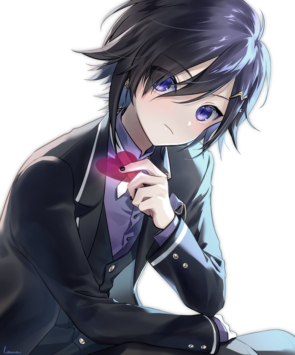 1boy :/ black_hair black_jacket black_nails black_pants black_vest business_suit cross_tie crossed_legs dress_shirt earrings eyes_visible_through_hair feet_out_of_frame formal hair_between_eyes hair_ornament hairclip hand_on_own_thigh heart highres holding holding_heart holostars jacket jewelry kanade_izuru lapels lightning_bolt_hair_ornament lightning_bolt_symbol looking_at_viewer luma8b male_focus notched_lapels official_alternate_costume open_clothes open_jacket pants pocket_square purple_shirt shirt short_hair simple_background slit_pupils suit suit_jacket vest violet_eyes virtual_youtuber white_background