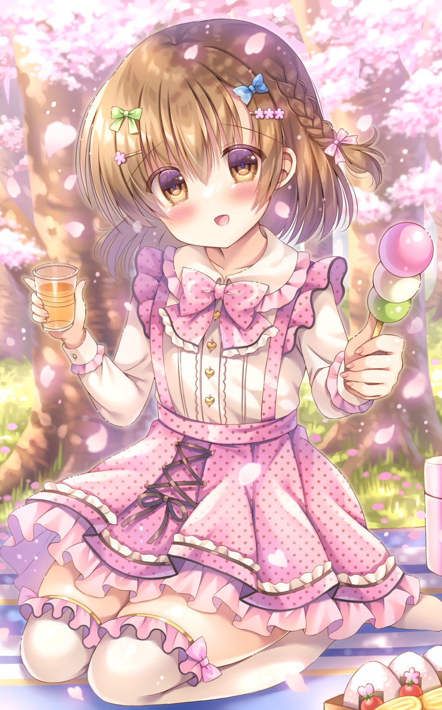 1girl :d blanket blue_bow blush bow braid brown_eyes brown_hair cherry_tomato collared_shirt commentary_request cup dango day disposable_cup dress_shirt flower food frilled_skirt frilled_thighhighs frills green_bow hair_between_eyes hair_bow hair_flower hair_ornament hairclip hanami highres holding holding_cup holding_food kouta. onigiri original outdoors petals pink_bow pink_flower pink_skirt pleated_skirt sanshoku_dango shirt sitting skirt smile solo spring_(season) suspender_skirt suspenders thigh-highs tomato tree wagashi wariza white_shirt white_thighhighs