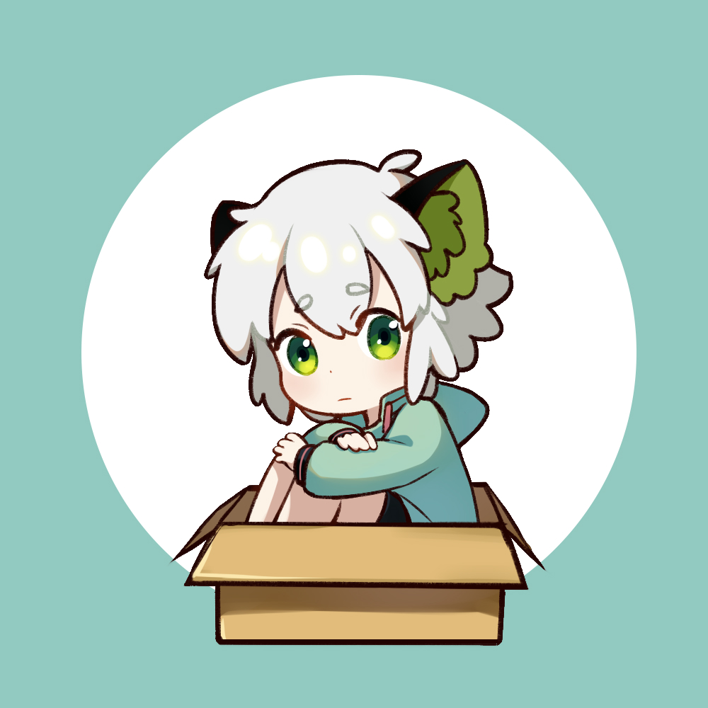 1boy animal_ear_fluff animal_ears black_shorts blue_background blue_jacket blush box character_request check_character chibi closed_mouth full_body green_eyes grey_hair hair_between_eyes hugging_own_legs in_box in_container jacket knees_up long_sleeves looking_at_viewer luoxiaohei male_focus puffy_long_sleeves puffy_sleeves que_meng_meng round_image short_eyebrows shorts sitting solo the_legend_of_luo_xiaohei thick_eyebrows two-tone_background white_background