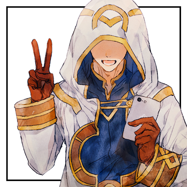 1boy cellphone cloak faceless faceless_male fire_emblem fire_emblem_heroes holding holding_phone hood hood_up hooded_cloak kiran_(fire_emblem) kiran_(male)_(fire_emblem) open_mouth phone shourou_kanna smile solo upper_body v