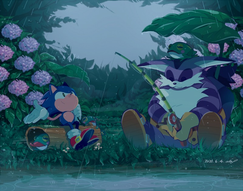 2boys aimf big_the_cat brown_footwear fishing fishing_rod flower frog gloves grass log looking_up male_focus multiple_boys nature on_head outdoors plant purple_hair rain red_footwear river sitting sleeping smile sonic_(series) sonic_the_hedgehog tongue tongue_out white_gloves
