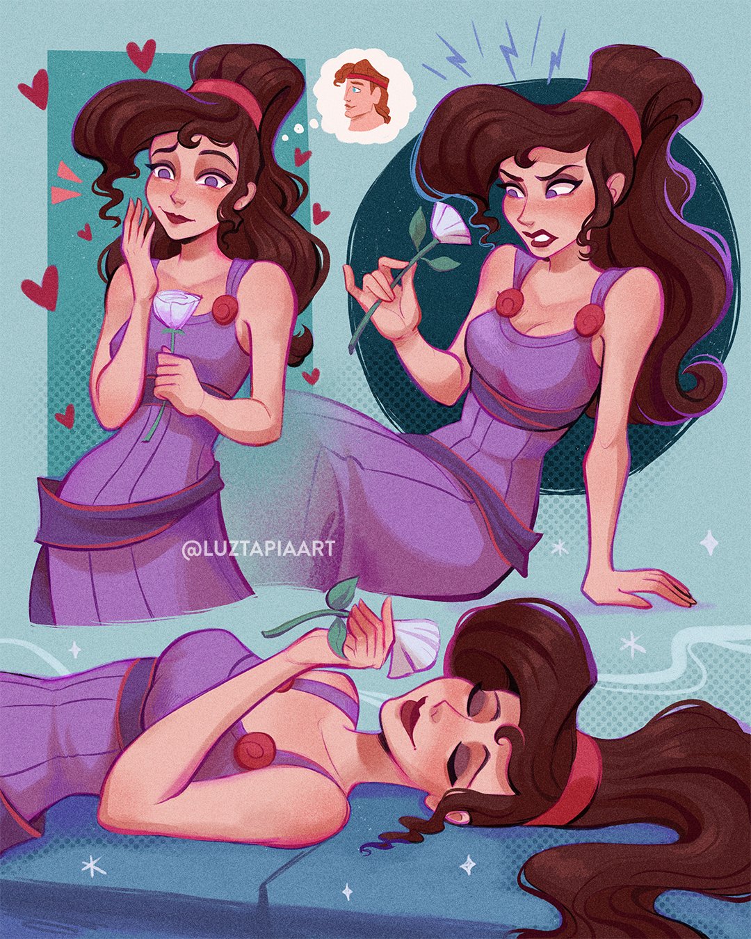 1girl bare_shoulders brown_hair dress eyeshadow flower greek_clothes hercules_(1997_film) hercules_(disney) highres holding holding_flower long_hair luztapiaart makeup megara_(disney) multiple_views ponytail princess purple_dress purple_eyeshadow smile violet_eyes