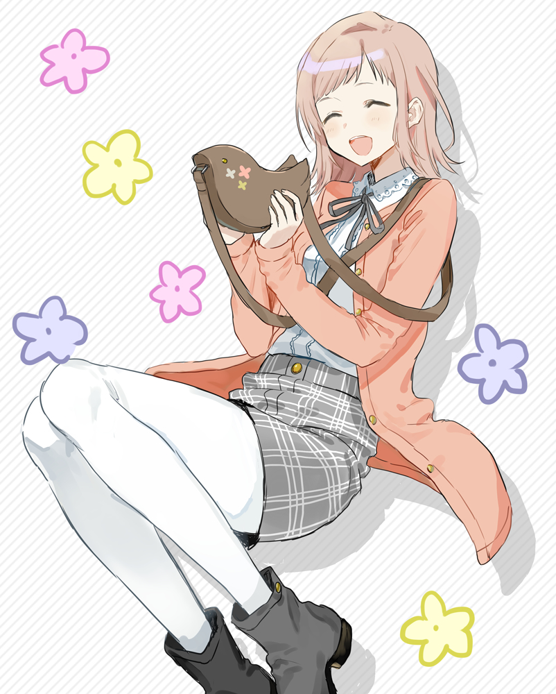 1girl ^_^ ankle_boots arms_up bag bird blush boots brown_hair cardigan closed_eyes dot_nose floral_background frilled_shirt frills grey_footwear grey_skirt holding holding_bag idolmaster idolmaster_shiny_colors long_hair long_sleeves nmnm2332chan open_clothes open_mouth pigeon pink_cardigan plaid plaid_skirt round_teeth sakuragi_mano shirt shoulder_bag sitting skirt smile solo striped striped_background teeth thigh-highs white_shirt white_thighhighs