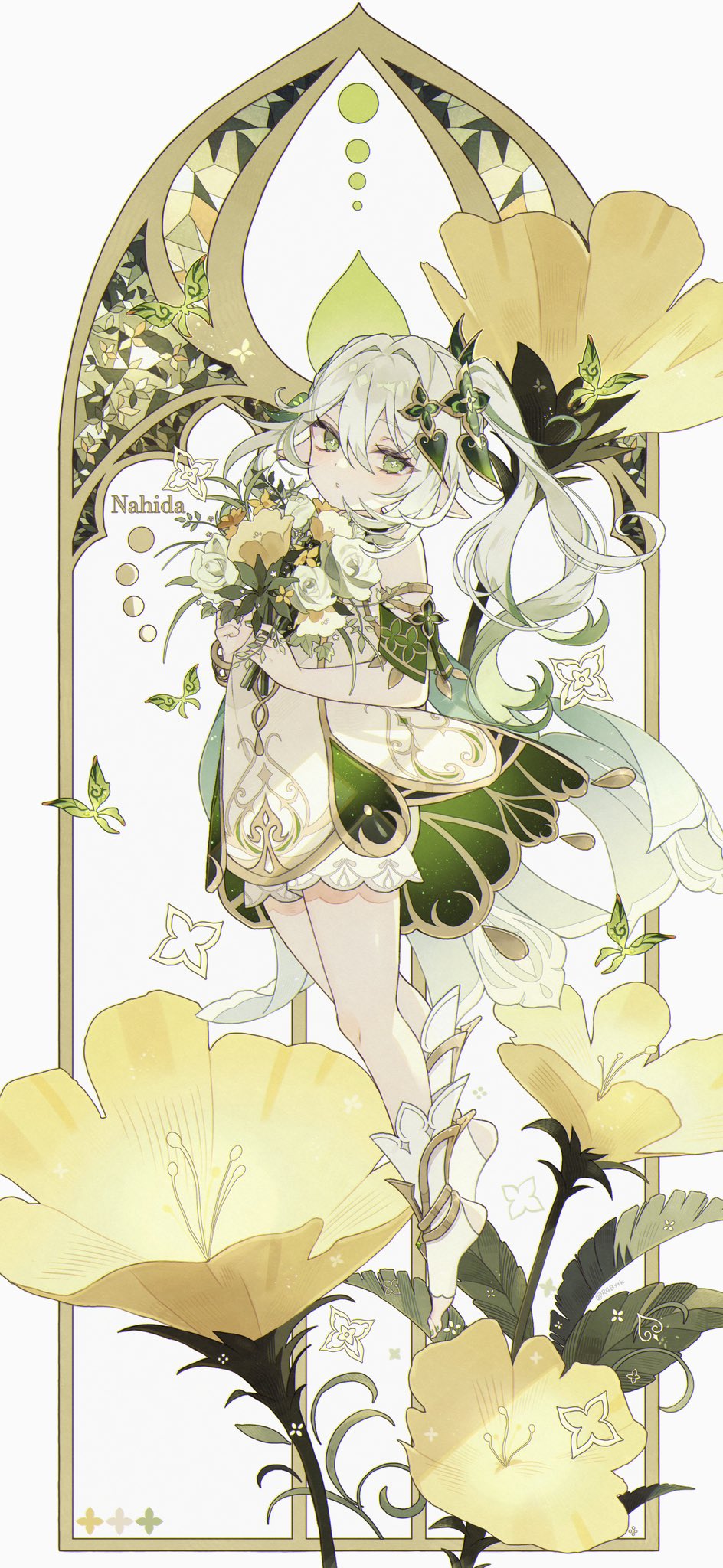 1girl bare_shoulders bloomers bug butterfly character_name chestnut_mouth detached_sleeves dress english_text flower flower-shaped_pupils full_body genshin_impact gradient_hair green_butterfly green_eyes green_hair highres holding holding_flower looking_at_viewer looking_to_the_side medium_hair multicolored_hair nahida_(genshin_impact) open_mouth pointy_ears satsuki_(miicat) side_ponytail sleeveless sleeveless_dress symbol-shaped_pupils tachi-e toeless_footwear two-tone_hair underwear white_dress white_flower white_hair yellow_flower