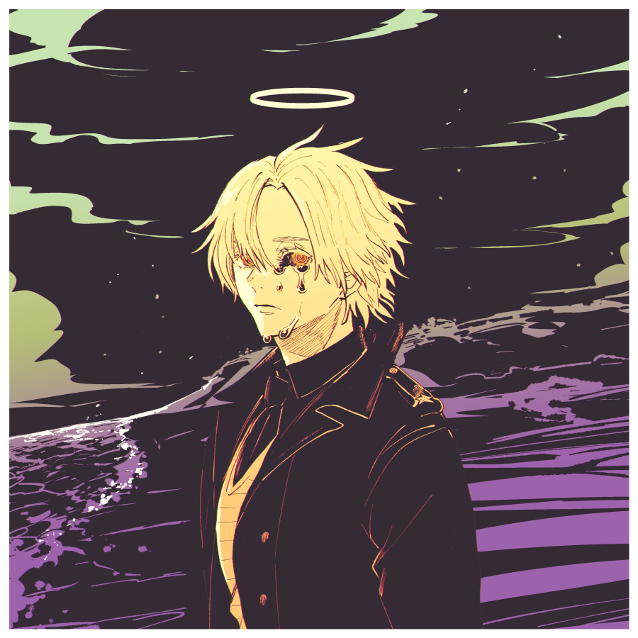 1boy beach black_background black_coat black_eyes blonde_hair clouds coat daybit_sem_void fate/grand_order fate_(series) halo jacket looking_at_viewer male_focus nobicco open_clothes open_jacket shirt short_hair teardrop trench_coat white_shirt