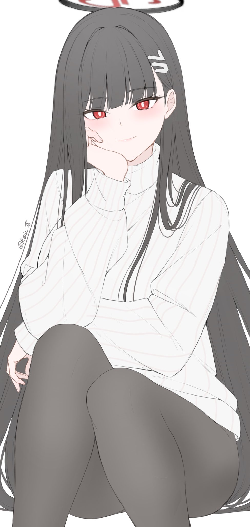 1girl alternate_costume black_hair black_pantyhose blue_archive bright_pupils cheek_rest elbow_rest hair_ornament hairclip halo hand_on_own_cheek hand_on_own_face highres long_hair long_sleeves pantyhose reia_76 rio_(blue_archive) sitting smile sweater turtleneck turtleneck_sweater white_background white_sweater