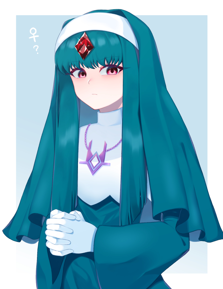 1other ? alternate_costume commentary_request eyelashes gem green_hair hitotose9 jewelry long_hair long_sleeves looking_at_viewer mega_man_(series) mega_man_battle_network necklace nun own_hands_together red_eyes sidelocks simple_background slur.exe_(mega_man) solo traditional_nun venus_symbol