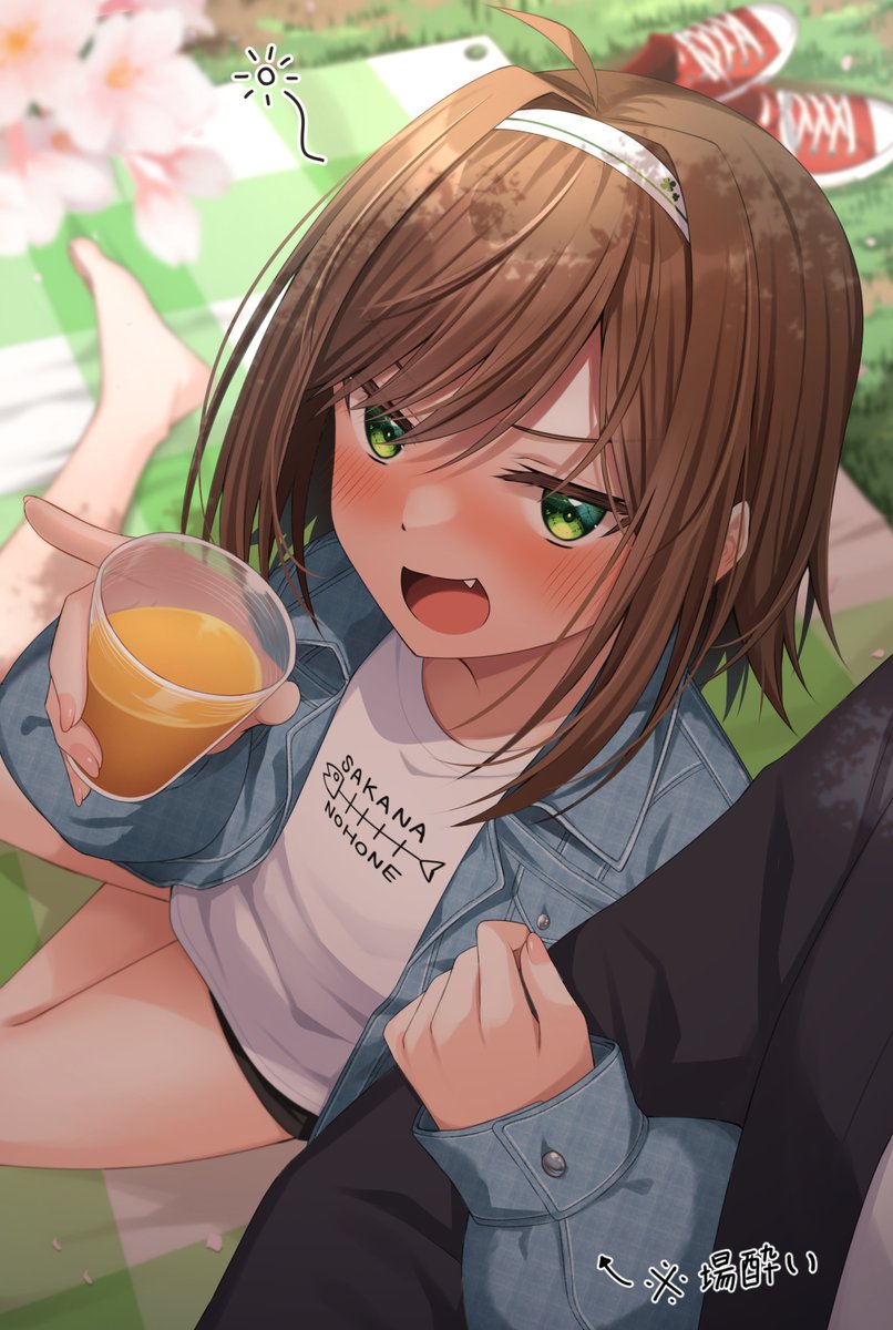 1boy 1girl :d arrow_(symbol) barefoot black_jacket black_shorts blanket blue_jacket blurry blurry_background blush brown_hair clothes_writing commentary_request cup denim denim_jacket depth_of_field disposable_cup drink fang flower green_eyes haru_(kuzuyu) highres holding holding_cup jacket komori_kuzuyu locked_arms long_sleeves looking_at_viewer open_clothes open_jacket original pink_flower plaid puffy_long_sleeves puffy_sleeves red_footwear romaji_text shirt shoes shoes_removed short_shorts shorts sleeves_past_wrists smile solo_focus translation_request white_shirt