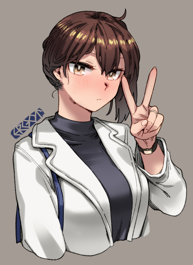 1girl artist_logo artist_name black_shirt blush brown_eyes brown_hair closed_mouth coat cropped_arms cropped_torso ergot fingernails grey_background hair_between_eyes jewelry kaga_(kancolle) kantai_collection long_hair long_sleeves looking_at_viewer open_clothes open_coat ring shirt side_ponytail simple_background solo upper_body v wedding_ring white_coat