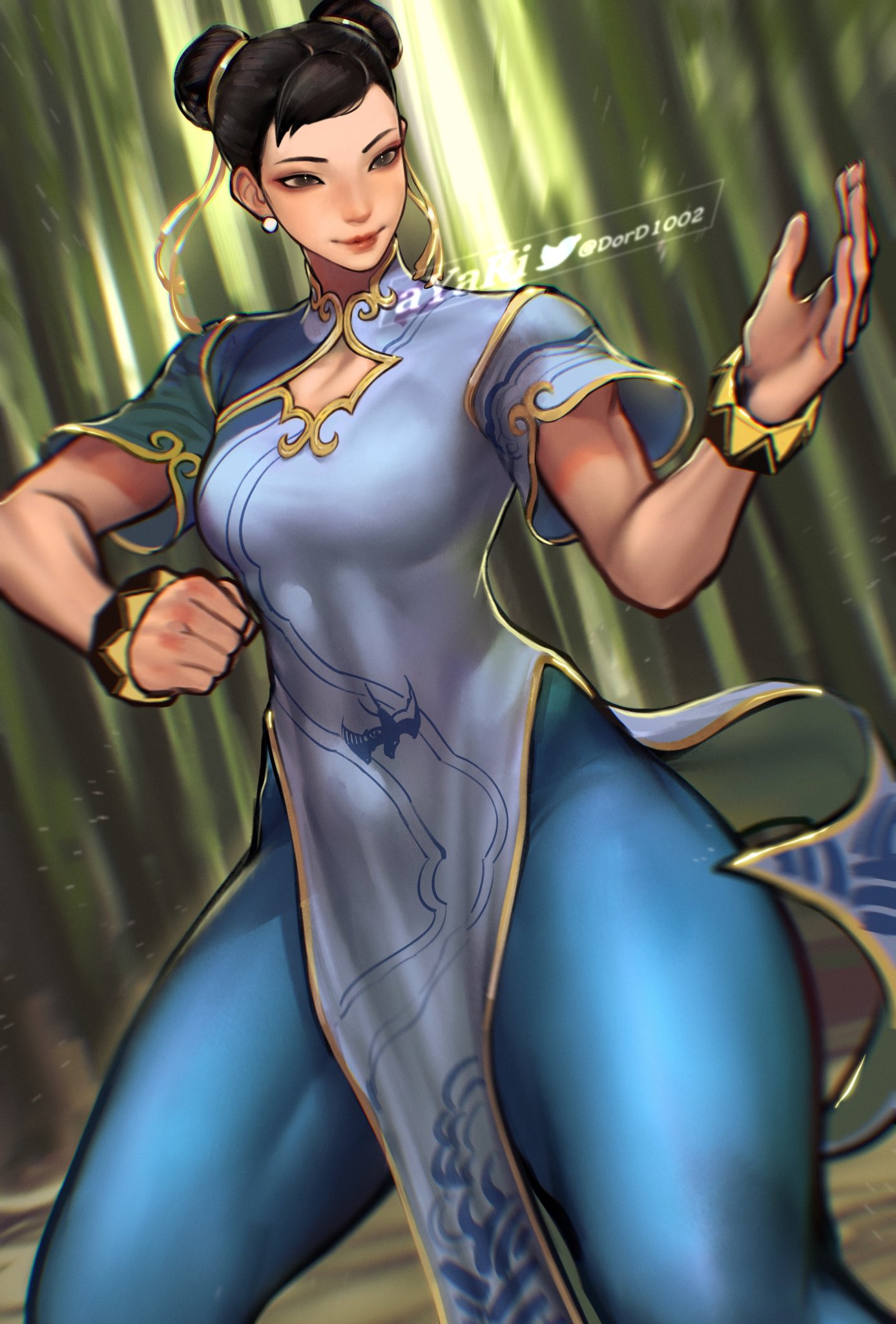 1girl ayaki_d bamboo bamboo_forest black_eyes black_hair bracelet breasts china_dress chinese_clothes chromatic_aberration chun-li clenched_hand clothing_cutout commentary_request double_bun dress earrings fighting_stance forest hair_bun hair_ribbon highres jewelry medium_breasts nature ribbon solo street_fighter street_fighter_6 thick_thighs thighs twitter_username watermark