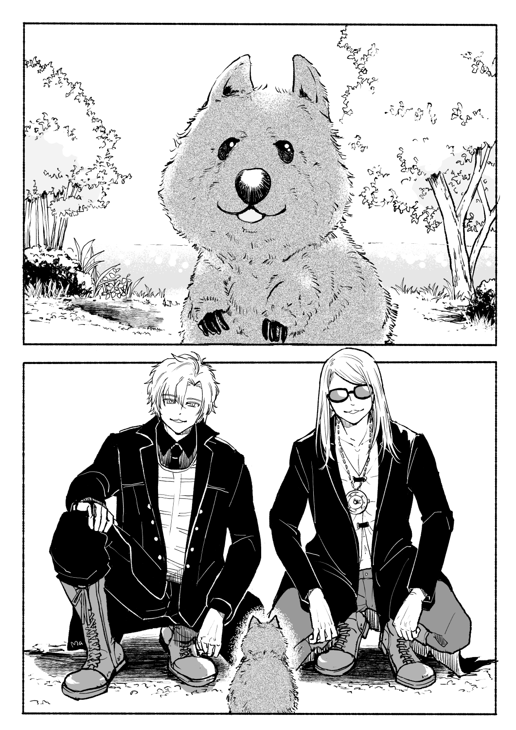 2boys black_coat blonde_hair coat daybit_sem_void fate/grand_order fate_(series) greyscale hand_on_leg highres jacket jewelry long_hair maiko_tyun male_focus monochrome multiple_boys necklace open_clothes open_jacket quokka shirt short_hair simple_background smile squatting sunglasses tezcatlipoca_(fate) tinted_eyewear tree trench_coat white_shirt
