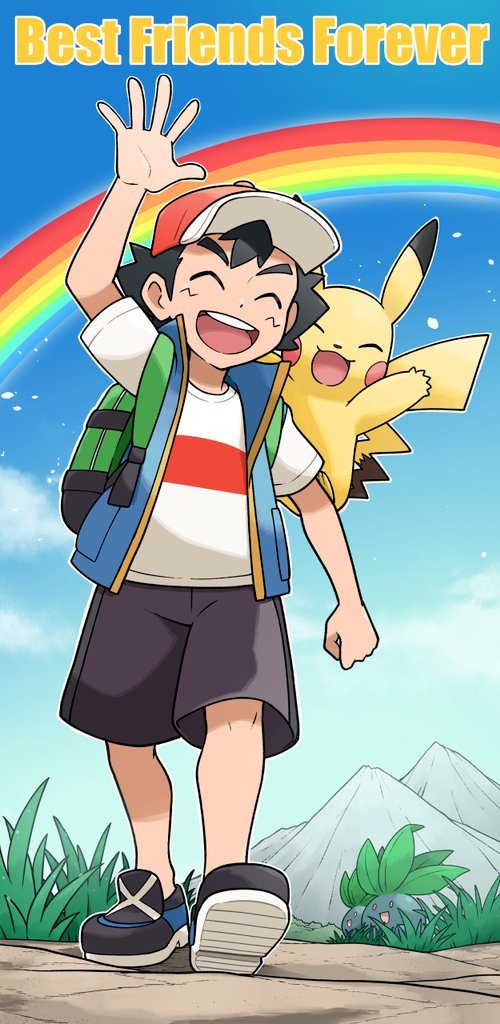 1boy ash_ketchum backpack bag baseball_cap black_hair blue_jacket closed_eyes grass green_bag hand_up hat jacket mabu_(dorisuto) mountain oddish on_ground open_clothes open_jacket open_mouth pikachu pokemon pokemon_(anime) print_shirt rainbow shirt shoes short_hair short_sleeves shorts smile spiky_hair teeth upper_teeth_only v-shaped_eyebrows walking white_shirt