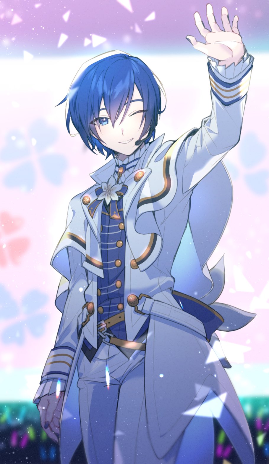 1boy a_m_m_a belt blue_eyes blue_hair blue_nails blurry blurry_background buttons clover collared_shirt commentary_request dark_blue_hair fingernails flower four-leaf_clover hair_between_eyes highres kaito_(vocaloid) lapels long_sleeves male_focus microphone nail_polish one_eye_closed pants penlight project_sekai shirt solo teeth vocaloid white_pants