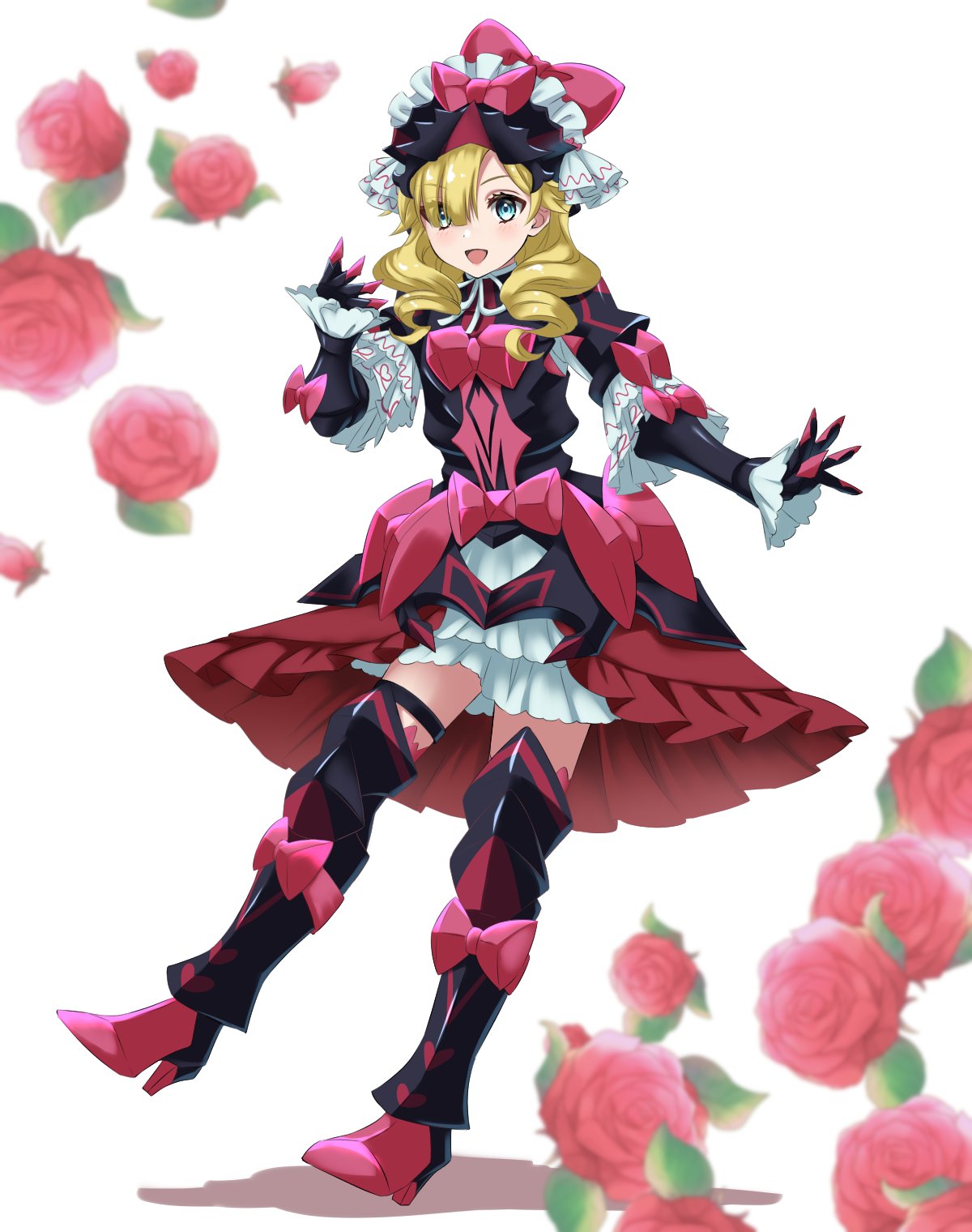 1girl :d black_gloves blonde_hair blue_eyes bow dress fire_emblem fire_emblem_engage flower frilled_dress frilled_headwear frills full_body gloves hair_over_one_eye hat hat_bow highres kakiko210 long_hair looking_at_viewer marni_(fire_emblem) open_mouth red_bow red_flower red_rose rose smile solo