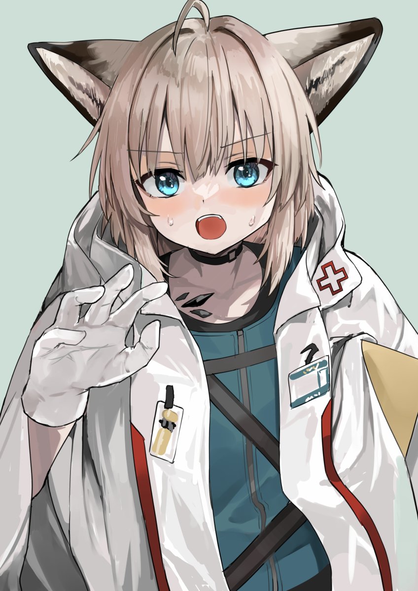 1girl animal_ears arknights black_choker blue_eyes choker coat fox_ears fox_girl gloves highres id_card light_brown_hair looking_at_viewer open_clothes open_coat open_mouth oripathy_lesion_(arknights) short_hair sussurro_(arknights) sweat v-shaped_eyebrows waichi white_coat white_gloves