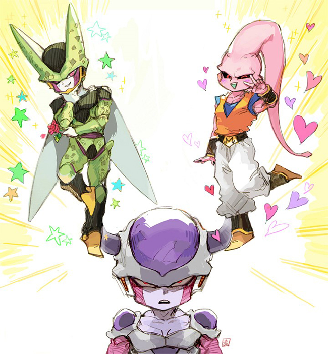 3boys akame_(chokydaum) arthropod_boy black_sclera cell_(dragon_ball) colored_sclera colored_skin dragon_ball dragon_ball_z flower hand_on_own_chin heart holding holding_flower horns insect_wings looking_at_viewer majin_buu multiple_boys one_eye_closed open_mouth pectoral_cleavage pectorals pink_eyes pink_skin red_eyes smile star_(symbol) super_buu teeth upper_teeth_only v wings