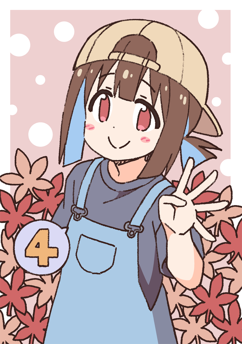 1girl backwards_hat baseball_cap blue_hair blue_overalls blue_shirt blush_stickers brown_hair commentary_request finger_counting hat hozuki_momiji leaf light_blue_hair looking_at_viewer maple_leaf name_connection nekotoufu object_namesake official_art onii-chan_wa_oshimai! overalls pink_eyes shirt short_hair short_ponytail short_sleeves smile solo spoken_number spread_fingers t-shirt tomboy upper_body young