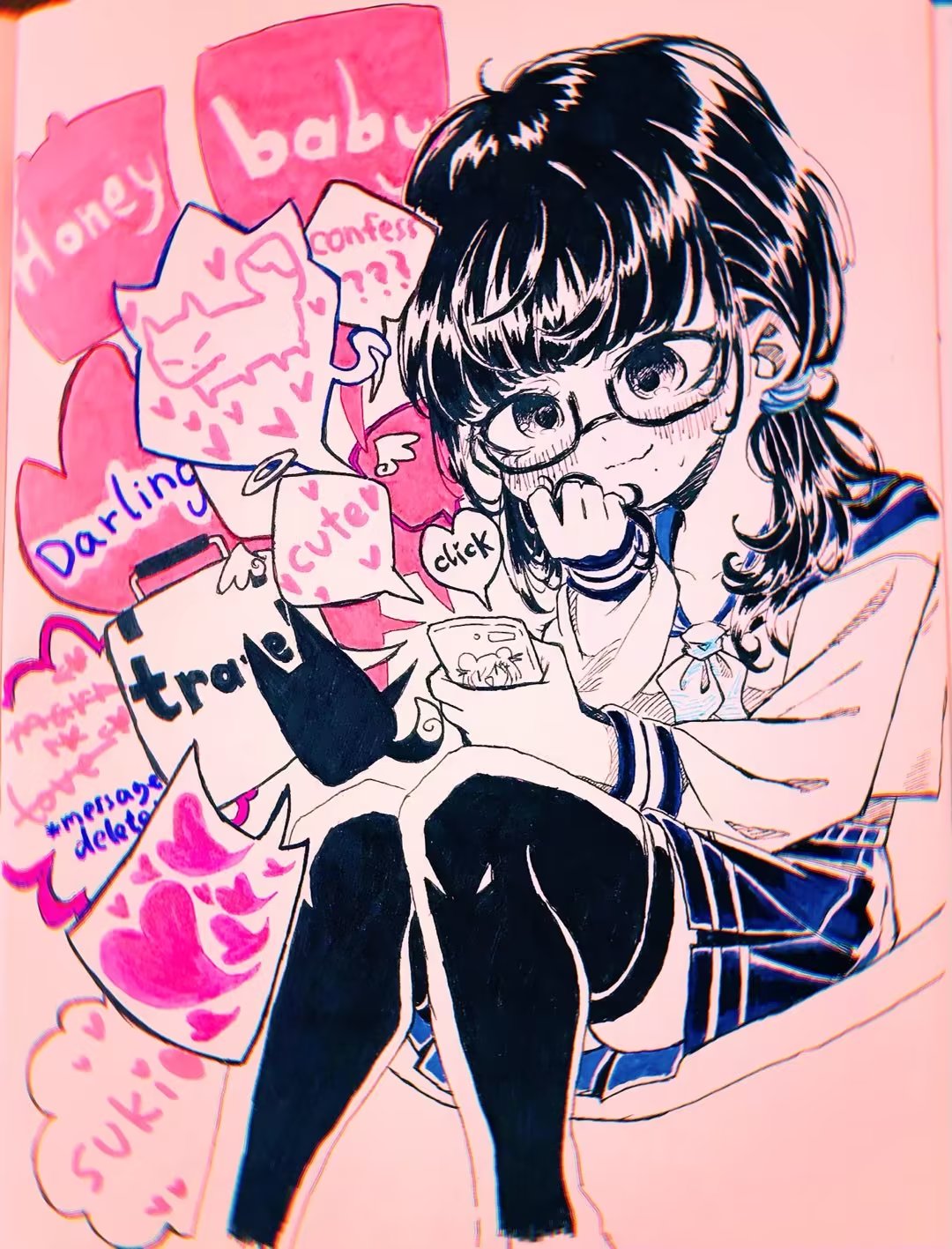 1girl ? ?? angel_wings black-framed_eyewear black_cat black_eyes black_hair black_thighhighs blue_sailor_collar blue_skirt blunt_bangs blush cat cellphone chibi clenched_hand commentary crossed_out double_bun drawing english_text feet_out_of_frame flustered fox glasses hair_bun hair_over_shoulder hair_tie halo hand_on_own_cheek hand_on_own_face head_only heart highres holding holding_hair holding_phone limited_palette long_hair long_sleeves looking_at_phone mini_wings neckerchief original phone pink_background pleated_skirt ponytail ray5green romaji_text sailor_collar school_uniform semi-rimless_eyewear serafuku sitting skirt sleeve_cuffs smartphone smartphone_case solo sound_effects speech_bubble thigh-highs traditional_media under-rim_eyewear wavy_mouth white_serafuku white_stripes wings
