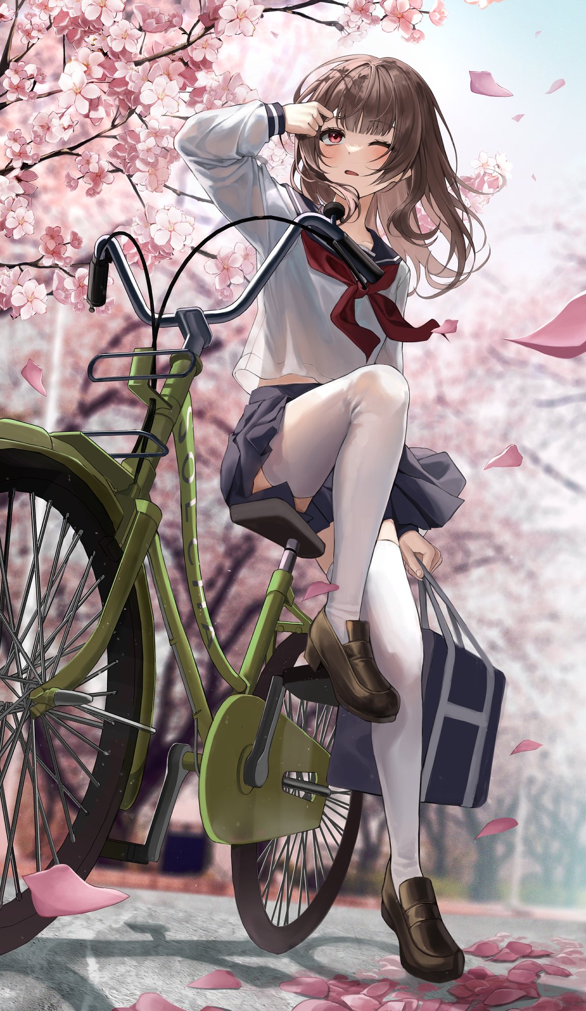 1girl bag blurry blurry_background breasts brown_hair floating_hair flower hand_up highres leg_up loafers long_sleeves medium_hair on_vehicle one_eye_closed open_mouth orange_eyes original outdoors pink_flower pleated_skirt sailor_collar school_bag school_uniform shirt shoes sitting skirt small_breasts solcha thigh-highs thighs white_shirt white_thighhighs wind zettai_ryouiki