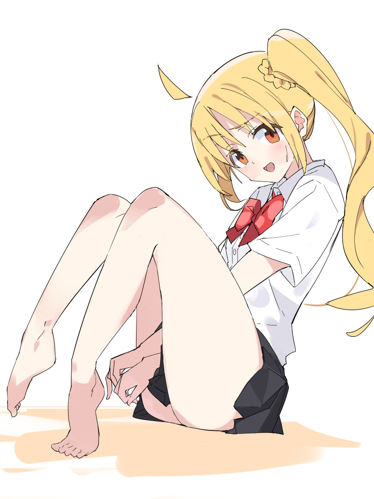 1girl :d ahoge bare_legs barefoot bitto_(arnagle) black_skin blonde_hair bocchi_the_rock! bow bowtie collared_shirt colored_skin commentary_request full_body ijichi_nijika long_hair open_mouth orange_eyes plantar_flexion pleated_skirt red_bow red_bowtie shirt side_ponytail simple_background sitting skirt smile solo sweatdrop toes white_background white_shirt